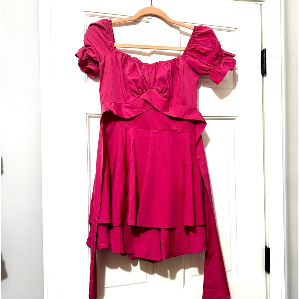 LYANER Off Shoulder Wrap Tie Up Back Ruffle Short Sleeve Romper Short Jumpsuit